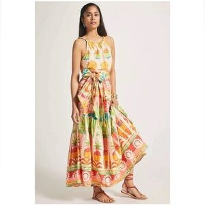 Farm Rio Rainbow Sunset Halter Neck Maxi Dress Tropical Hawaii Vibrant Print XL